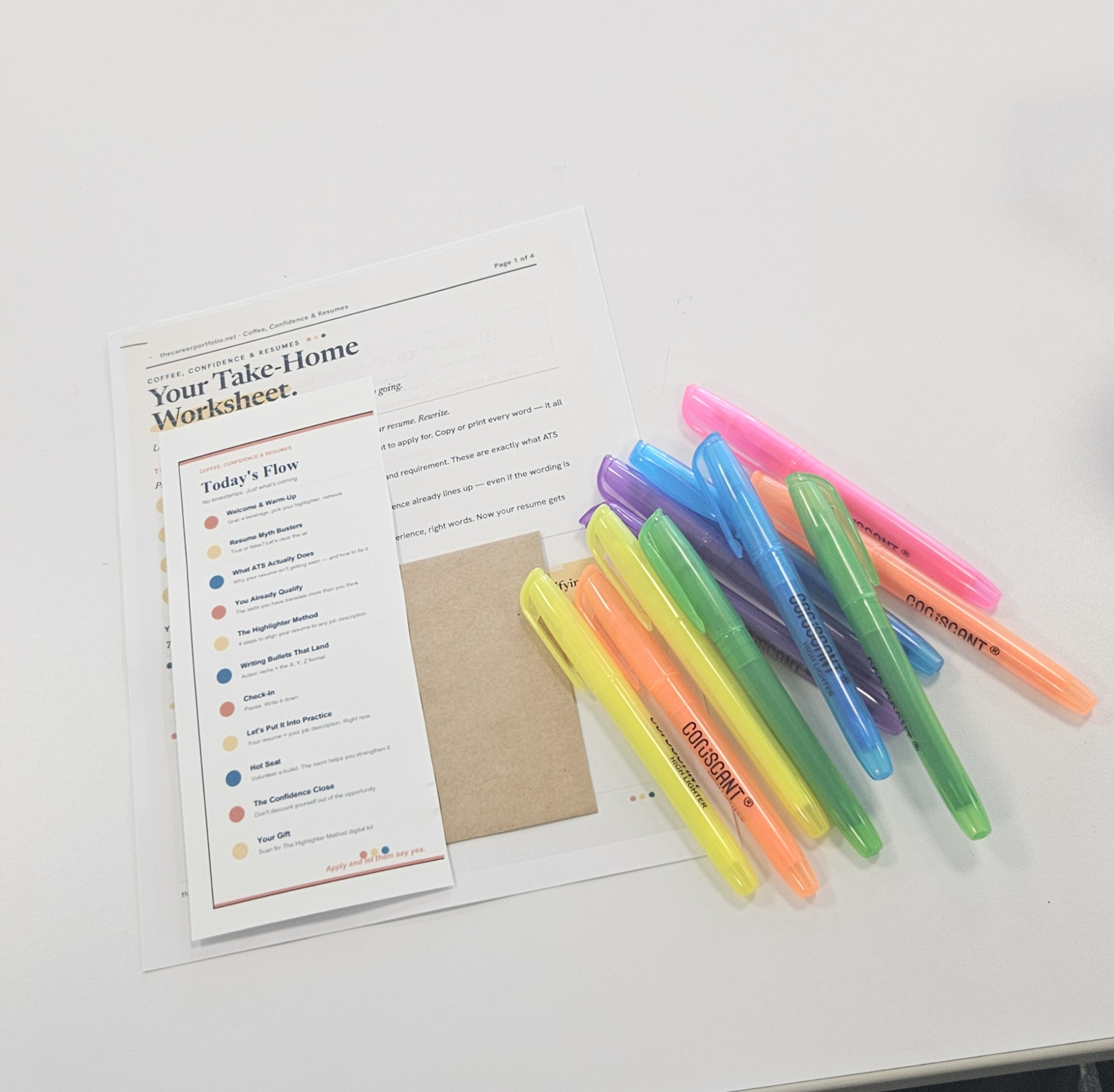 Coffee, Confidence & Resumes take-home worksheet and highlighters